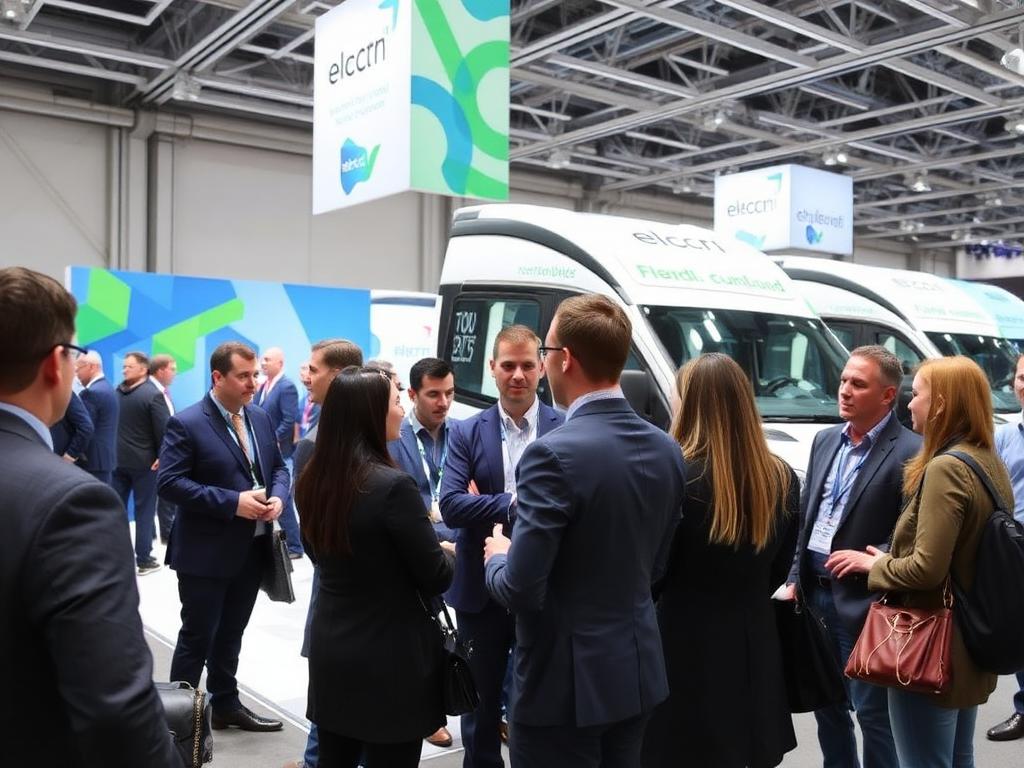 Networking entre executivos em feira de veículos elétricos