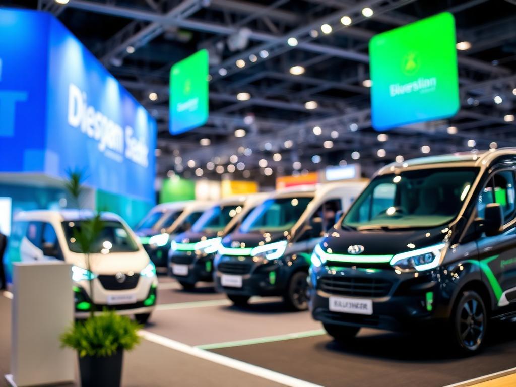 Estande com veículos elétricos leves em feira corporativa